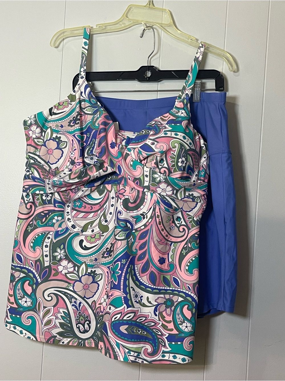 Raisins Pink Teal Paisley Tankini Top with Blue Swim Skort